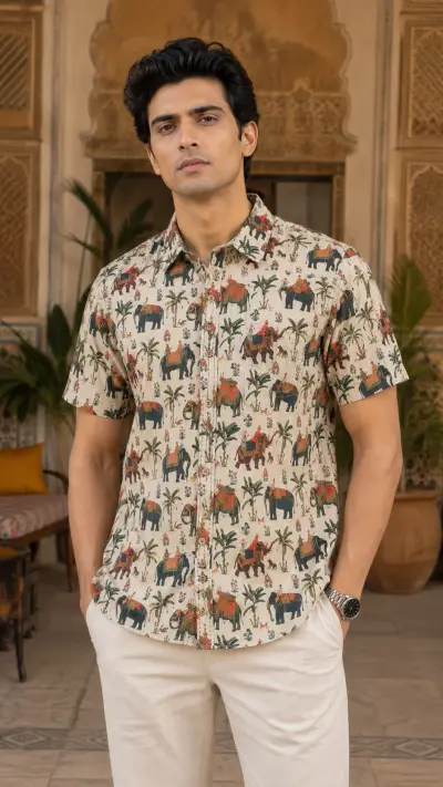 Blended Linen Beige Elephant Heritage Print Half Sleeve Shirt