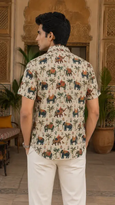 Blended Linen Beige Elephant Heritage Print Half Sleeve Shirt view 2