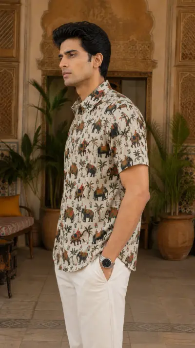 Blended Linen Beige Elephant Heritage Print Half Sleeve Shirt view 4