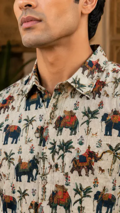 Blended Linen Beige Elephant Heritage Print Half Sleeve Shirt view 3