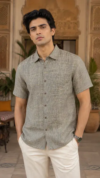Bhagalpuri Ghiccha Stone Grey  Half Sleeve Shirt