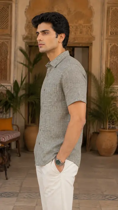 Bhagalpuri Ghiccha Stone Grey  Half Sleeve Shirt view 3