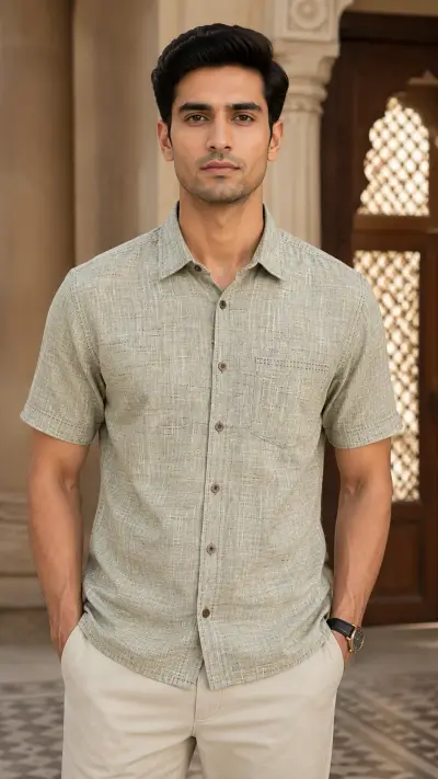 Bhagalpuri Ghiccha Stone Grey Half Sleeve Shirt