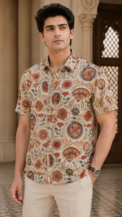 Blended Linen Ivory Floral Heritage Print Half Sleeve Shirt