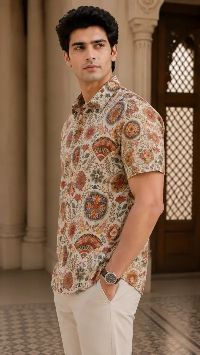 Blended Linen Ivory Floral Heritage Print Half Sleeve Shirt view 4
