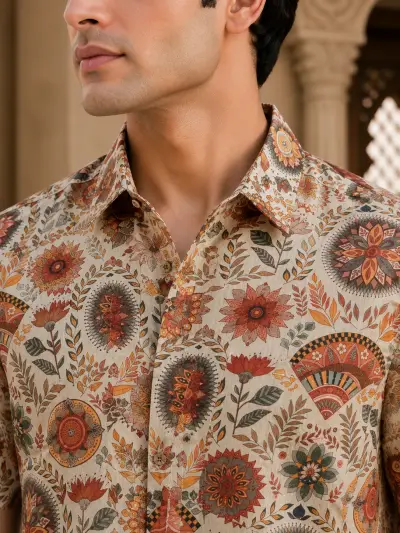 Blended Linen Ivory Floral Heritage Print Half Sleeve Shirt view 2