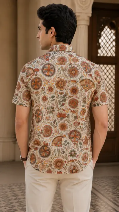 Blended Linen Ivory Floral Heritage Print Half Sleeve Shirt view 3