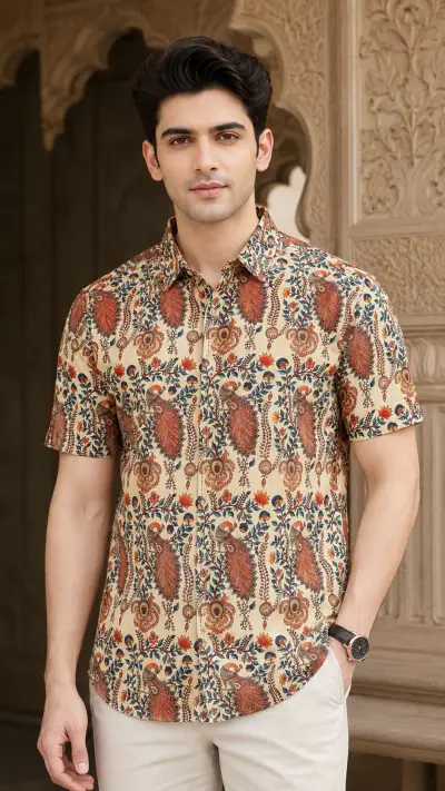 Blended Linen Ivory Paisley Heritage Print Half Sleeve Shirt