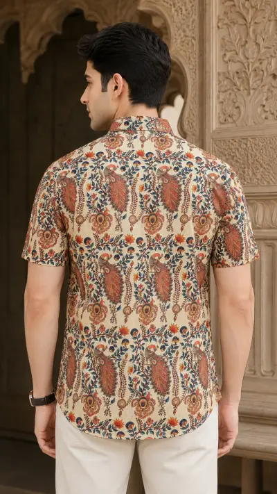 Blended Linen Ivory Paisley Heritage Print Half Sleeve Shirt view 3