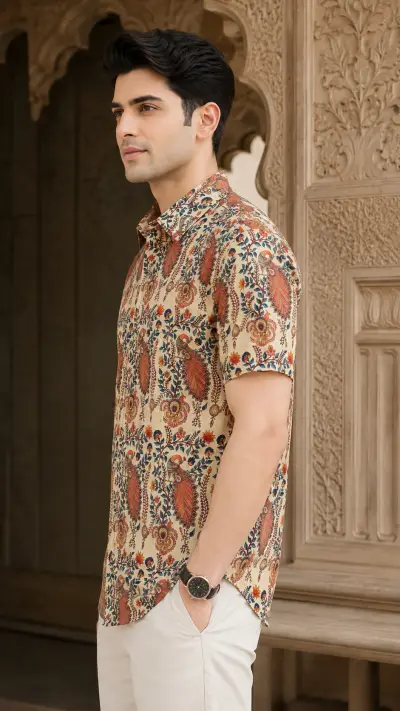 Blended Linen Ivory Paisley Heritage Print Half Sleeve Shirt view 4