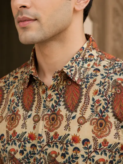 Blended Linen Ivory Paisley Heritage Print Half Sleeve Shirt view 2