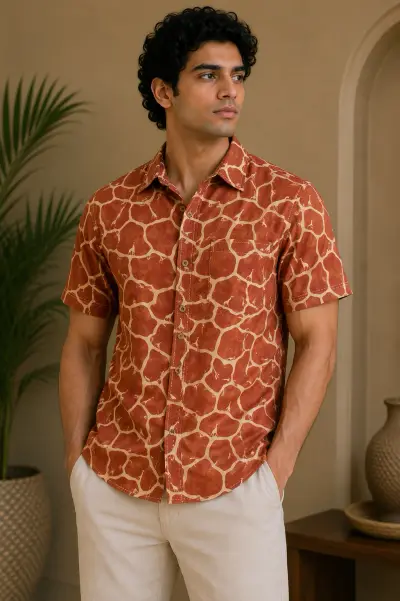 Blended Linen African- Giraffe Print Casual Shirt
