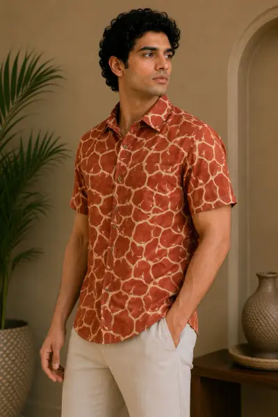 Blended Linen African- Giraffe Print Casual Shirt view 2