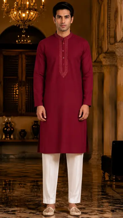 Elegant Maroon Embroidered Neckline Kurta