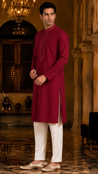 Elegant Maroon Embroidered Neckline Kurta view 2