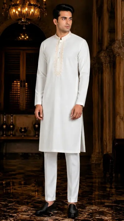 Elegant Ivory Embroidered Neckline Kurta