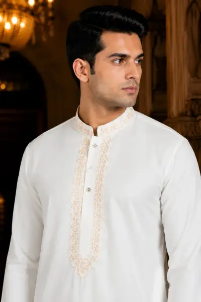 Elegant Ivory Embroidered Neckline Kurta view 2