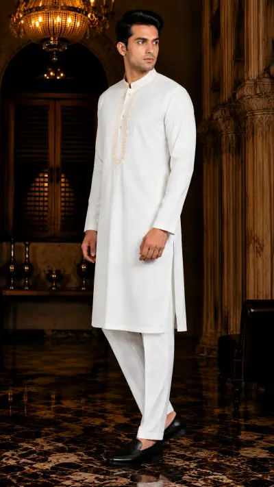 Elegant Ivory Embroidered Neckline Kurta view 4