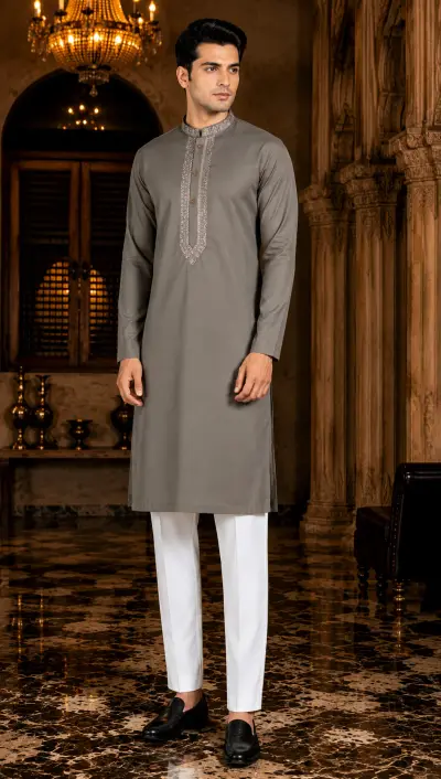 Olive Grey Embroidered Designer Kurta