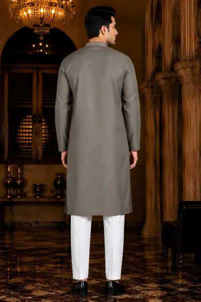 Olive Grey Embroidered Designer Kurta view 3