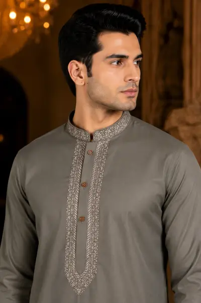 Olive Grey Embroidered Designer Kurta view 2