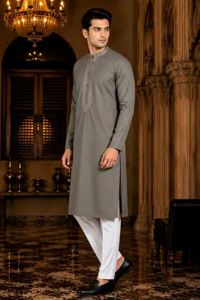 Olive Grey Embroidered Designer Kurta view 4