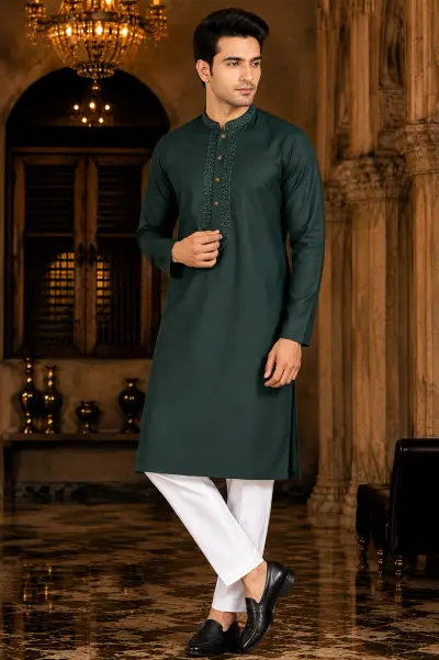 Deep Emerald Embroidered Mandarin Collar Kurta