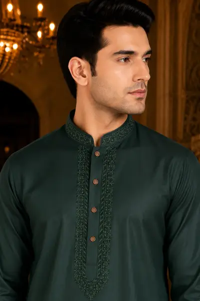 Deep Emerald Embroidered Mandarin Collar Kurta view 2