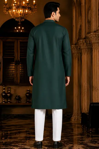 Deep Emerald Embroidered Mandarin Collar Kurta view 3