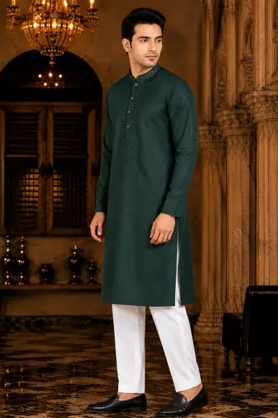 Deep Emerald Embroidered Mandarin Collar Kurta view 4