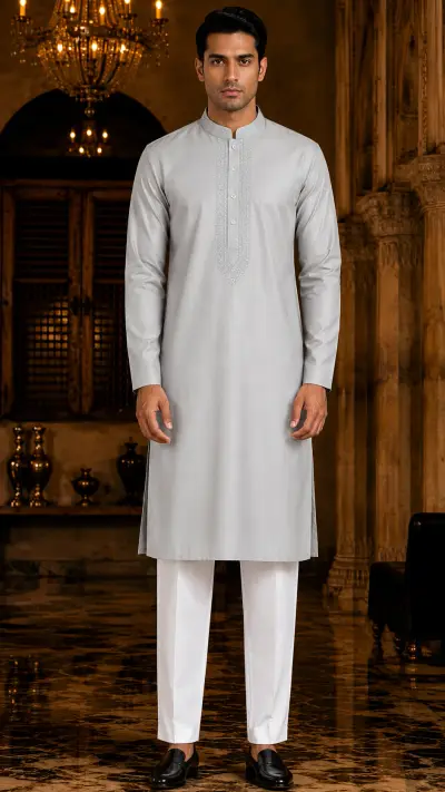 Minimalist Silver-Grey Embroidered Kurta