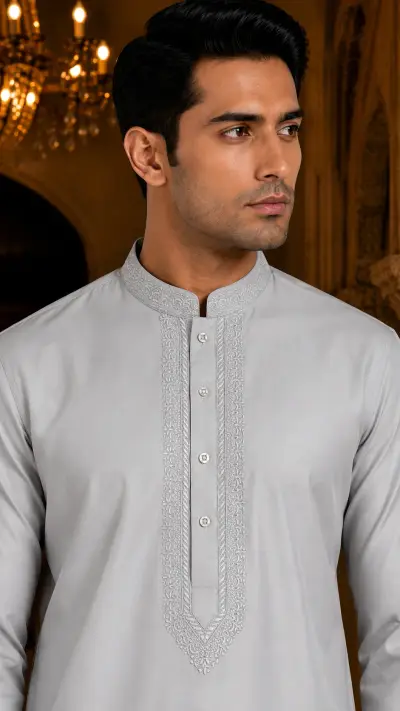 Minimalist Silver-Grey Embroidered Kurta view 2