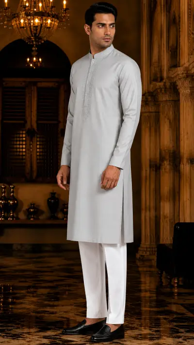 Minimalist Silver-Grey Embroidered Kurta view 4