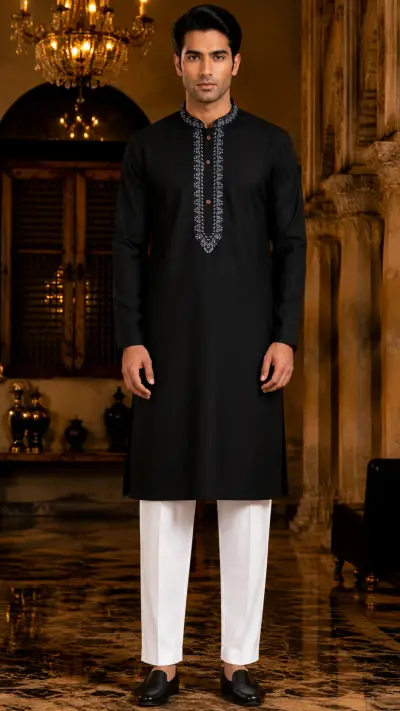 Jet Black Contrast Embroidered Kurta