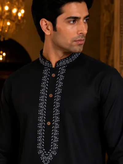 Jet Black Contrast Embroidered Kurta view 2