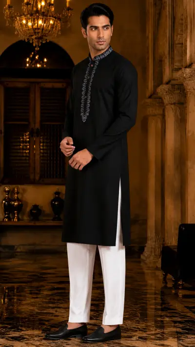 Jet Black Contrast Embroidered Kurta view 4