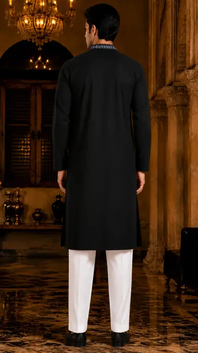 Jet Black Contrast Embroidered Kurta view 3