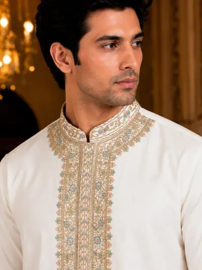 Regal Ivory Resham and Zari Embroidered Kurta Set view 2