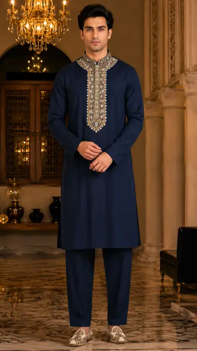 Imperial Navy Ornate Bib Embroidered Kurta Set