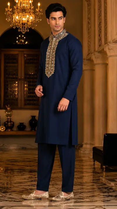Imperial Navy Ornate Bib Embroidered Kurta Set view 4