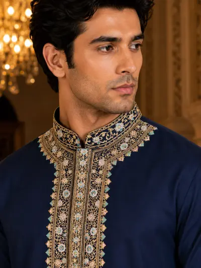 Imperial Navy Ornate Bib Embroidered Kurta Set view 2
