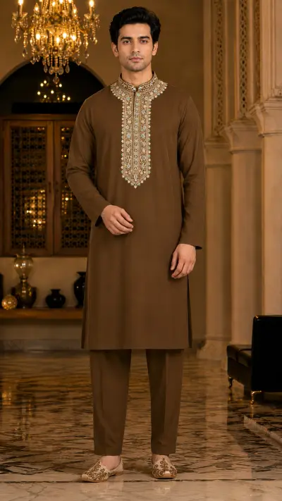 Mocha Brown Heritage Embroidered Kurta Set
