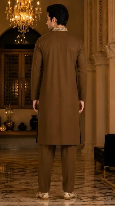 Mocha Brown Heritage Embroidered Kurta Set view 3
