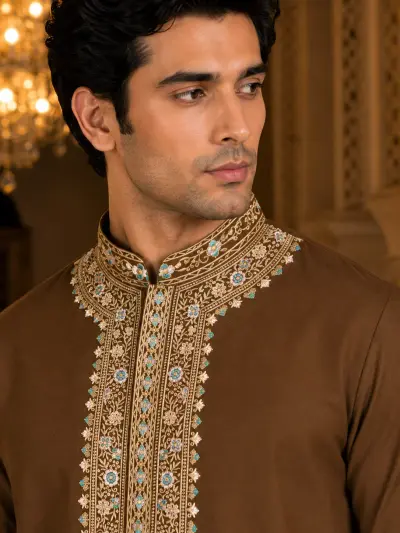 Mocha Brown Heritage Embroidered Kurta Set view 2