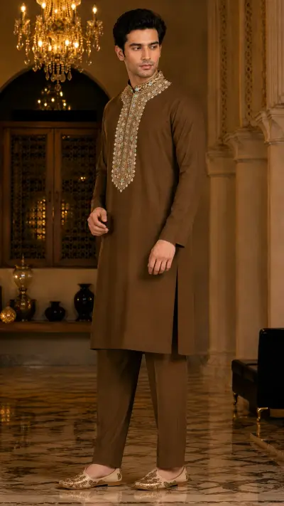 Mocha Brown Heritage Embroidered Kurta Set view 4