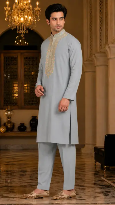 Powder Blue Pastels Heavily Embroidered Kurta Set view 4