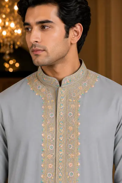 Powder Blue Pastels Heavily Embroidered Kurta Set view 2
