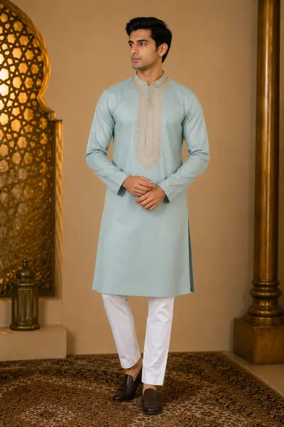 Sky Blue Pastel Heritage Embroidered Kurta