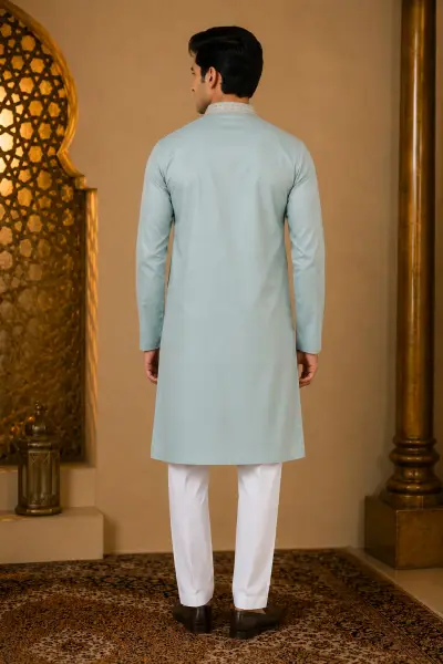 Sky Blue Pastel Heritage Embroidered Kurta view 3