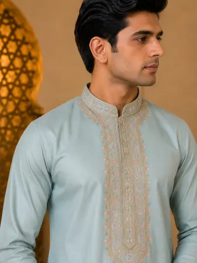Sky Blue Pastel Heritage Embroidered Kurta view 2